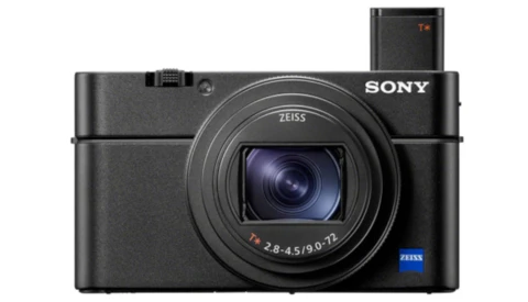 Sony RX100 VII compact camera with Zeiss lens and pop-up electronic viewfinder.