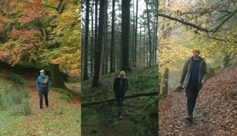 Three people hiking through autumn forests with varying terrain and lighting conditions.