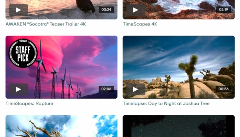 Screenshot of six video thumbnails showcasing landscape and timelapse cinematography content.