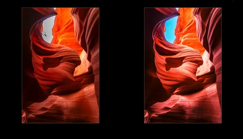 Side-by-side comparison of slot canyon images showing different color grading approaches to the same scene.