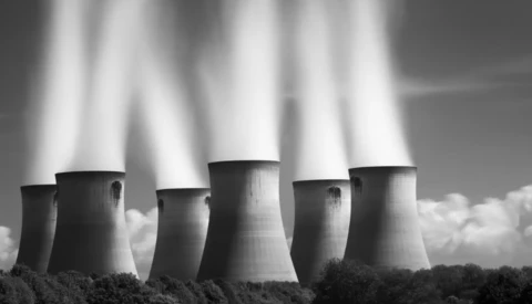 Cooling towers of an industrial power plant emitting white steam plumes against a dramatic sky in black and white.