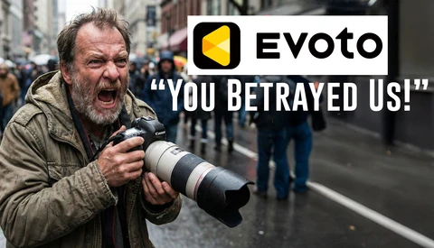 Photographer with telephoto lens expressing frustration in an urban street setting.