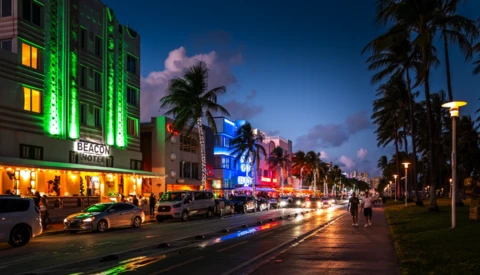 Art Deco hotel facades illuminated with neon green and blue lighting along a palm-lined street at dusk.