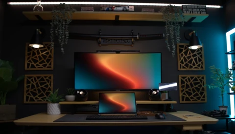 Modern creative workspace with dual monitors displaying warm gradient wallpapers, geometric wooden wall panels, and accent lighting.