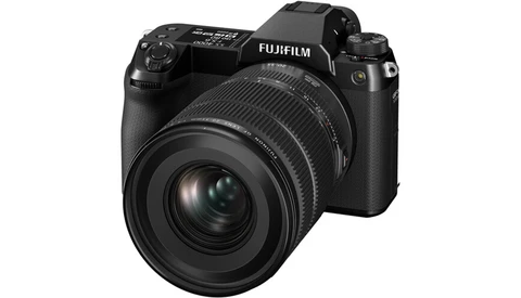 Fujifilm GFX medium format mirrorless camera with attached wide-angle lens on white background.