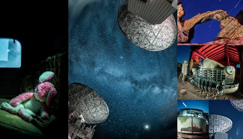 Composite image showing satellite dishes against a starry night sky and vintage trucks with red tarps in daylight.
