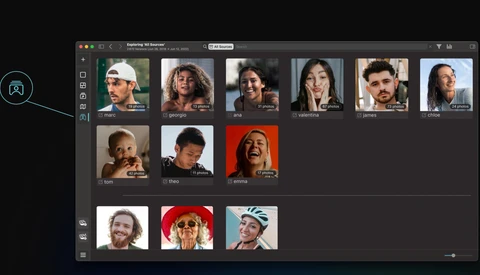 Screenshot of photo management software displaying a grid of portrait headshots with various lighting and styling.