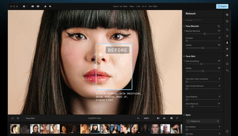 Screenshot of beauty retouching software showing before-and-after comparison of skin smoothing on a portrait.