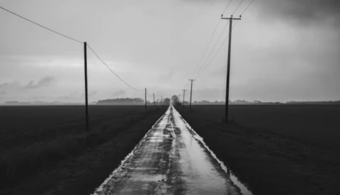 Wet rural road stretching toward distant horizon between dark fields under overcast sky.