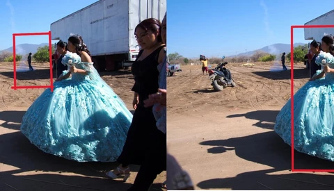 Woman in turquoise quinceañera gown photographed outdoors in desert landscape with vehicles and people in background.