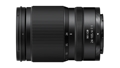 Nikon Z mount 24-105mm f/4 S telephoto zoom lens shown in profile against white background.