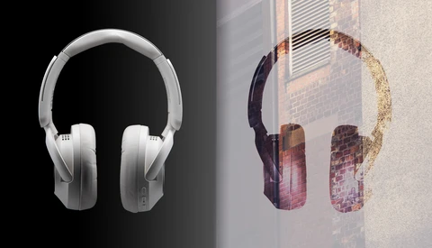 Graphic comparison of two headphone designs side by side, one solid white and one with architectural texture overlay.