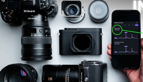 Flat lay of camera gear including a Nikon DSLR, multiple lenses, a mirrorless camera body, and a smartphone displaying histogram data.