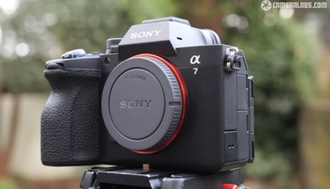 Sony α7 mirrorless camera body mounted on tripod with blurred foliage background.