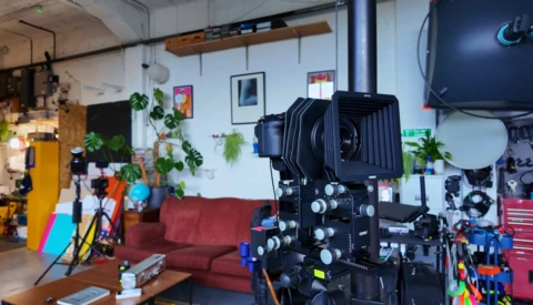 Large format camera mounted on tripod in creative studio workspace.