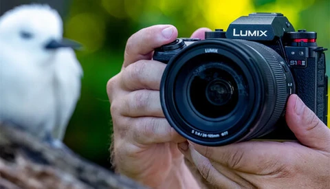 Photographer holding a Lumix camera body with lens toward a white bird perched on a log.