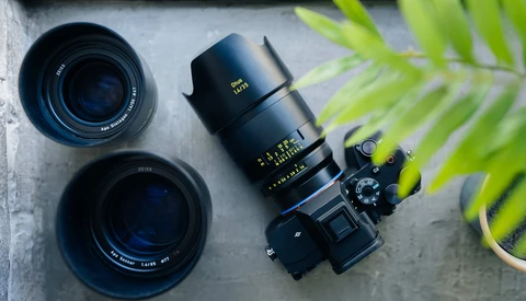 Camera body with three interchangeable lenses arranged on concrete surface next to potted plant.