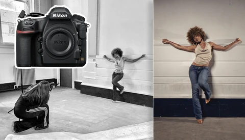 Photographer shooting portrait of jumping subject in white studio space with Nikon camera shown in inset.