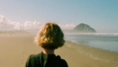 Woman with blonde hair viewing a distant volcanic island and industrial structures from an expansive beach.