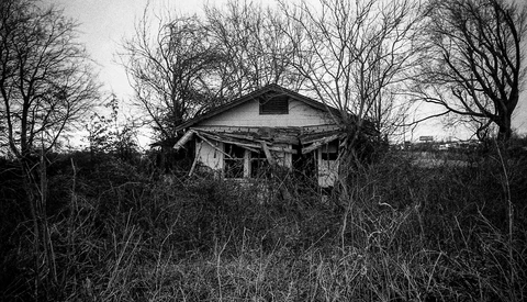 Abandoned house surrounded by overgrown vegetation and bare trees in black and white.