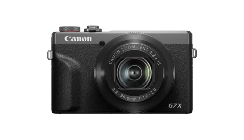 Canon PowerShot G7 X Mark II compact camera shown from front against white background.