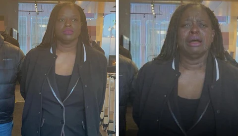 Two side-by-side portrait photographs of the same woman in professional attire against an indoor background.