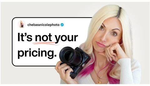 Photographer holding a mirrorless camera with an overlay quote about pricing strategy.