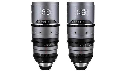 Two cinema zoom lenses with focal lengths of 40-80mm and 70-135mm displayed side by side against white background.