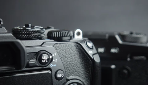 Close-up of professional camera body showing AEL/AFL and INFO buttons with textured grip in sharp focus, background blurred.