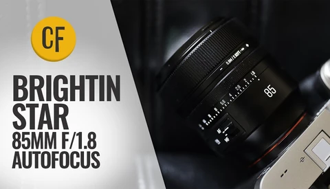 Brightin Star 85mm f/1.8 autofocus lens mounted on camera body against dark background.