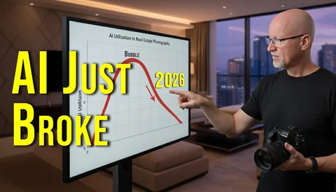 Man holding a camera pointing at a chart showing a declining red line labeled 'AI Utilization in Real Estate Photography' with 'Bubble' and '2026' marked.