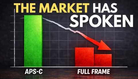 Chart graphic comparing APS-C and full frame camera performance with green and red bars.