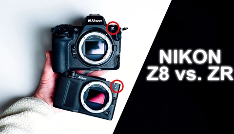 Nikon Z8 and ZR mirrorless cameras held in hand against white background.