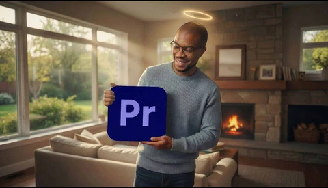 Man holding Adobe Premiere Pro logo card in a bright living room with fireplace.