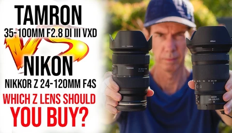 Comparison graphic showing Tamron 35-100mm F2.8 DI III VXD lens versus Nikon Nikkor Z 24-120mm F4S lens held by photographer.
