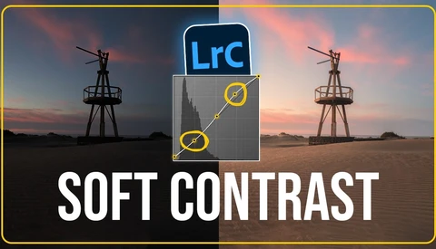 Graphic showing soft contrast adjustment in Lightroom with dual windmill silhouettes against sunset sky.