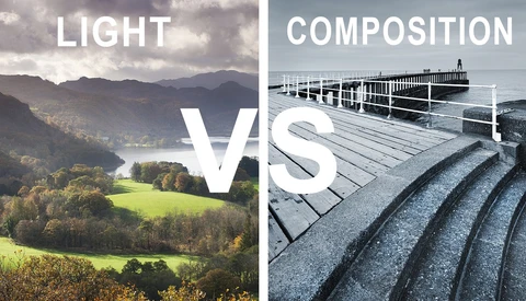 Split-screen comparison of landscape photography showing dramatic natural light versus architectural photography with strong geometric composition.