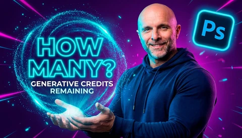 Man in dark hoodie holding glowing cyan sphere with text "HOW MANY? GENERATIVE CREDITS REMAINING" against purple and magenta neon background.
