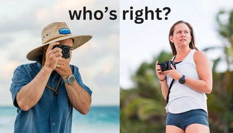 Meme comparing two photographers holding cameras in different poses and settings.