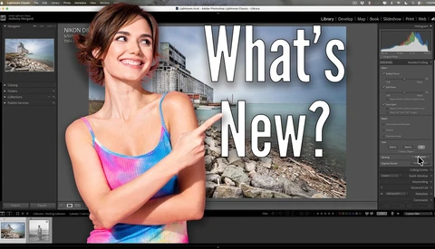 Screenshot of photo editing software with woman pointing at text overlay reading 'What's New?'.