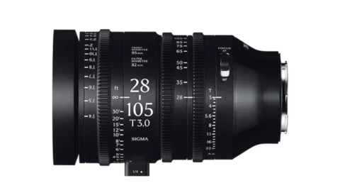 Sigma 28-105mm f/3.8-4.5 telephoto zoom lens shown in profile view against white background.