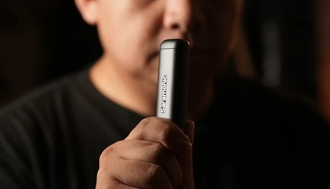 Person holding a cylindrical vape device with text visible on the barrel against a blurred dark background.