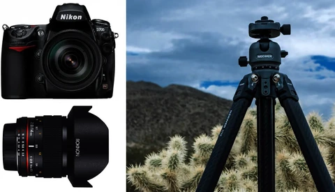 Nikon D780 DSLR camera with Laowa lens and Hahnel tripod with ball head in desert landscape