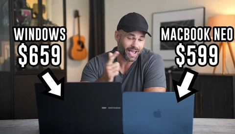 Man comparing a Windows laptop and MacBook Neo side by side, with price labels displayed.