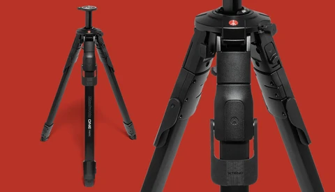 Two black tripods with center columns displayed against a red background, shown from front and side angles.