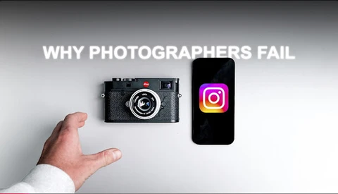 Graphic comparing a vintage rangefinder camera held in a hand next to a smartphone displaying the Instagram logo.