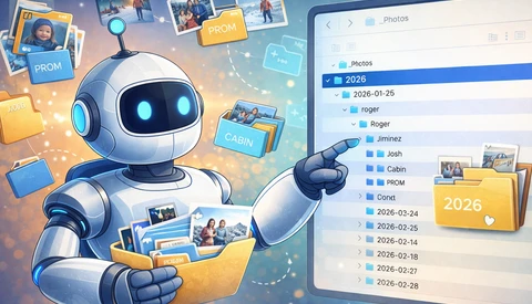 Illustration of a robot organizing digital photos with file browser and folder interface displayed on screen.