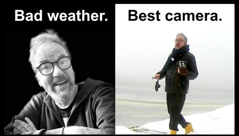 Graphic comparing bad weather conditions with best camera equipment for adverse shooting. Left side shows a person indoors in black and white; right side shows a person outdoors in harsh weather with professional gear.