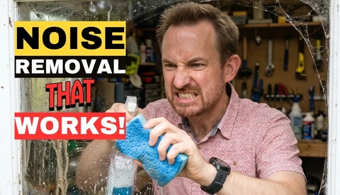 Man in pink shirt demonstrating noise removal technique with blue textured material in workshop setting.