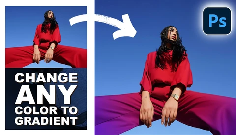 Screenshot of Photoshop tutorial showing color-to-gradient conversion technique on woman's red clothing.